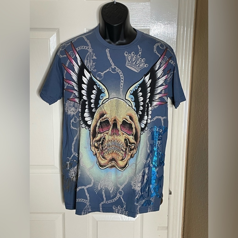 Christian Audigier Shirt Mens Medium Blue Skull Wings Rhinestone All Over Print - Picture 2 of 10